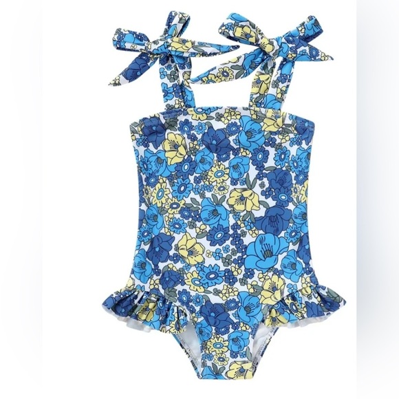 Other - Floral Blue and Yellow Kids One-Piece Swimsuit Blue Floral Tie Strap Skirt 9-12M